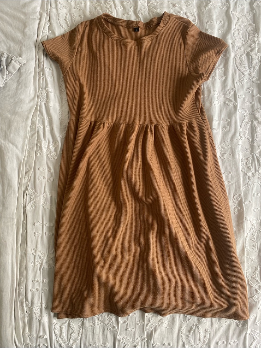 Ribbed Short Sleeve Babydoll Dress in Camel